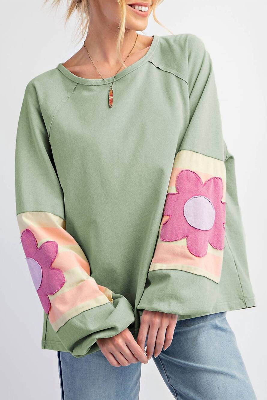 NEW 66DISCO flower patchwork raglan sleeve exposed seam oversized top in green